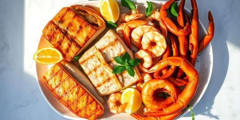 Festive Easter seafood spread with fish, shrimp, and crab.