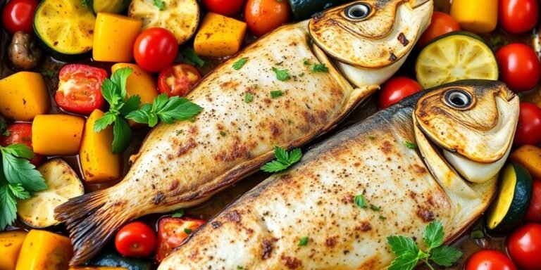 Mediterranean fish tray bake with vegetables.