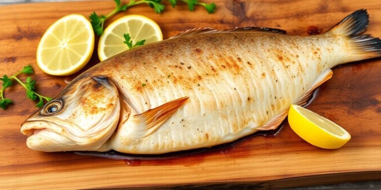 Cooked mulloway fillet with lemon and herbs.
