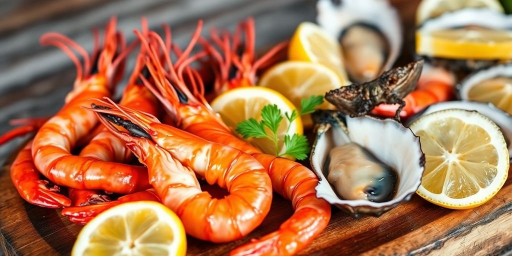 Platter of cooked prawns and oysters with lemon wedges.