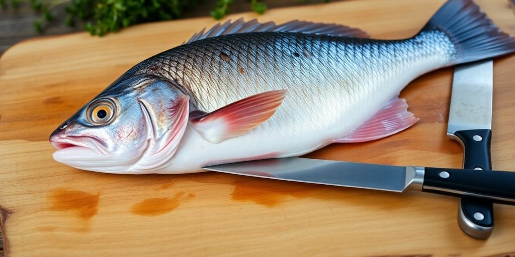 Fresh saddletail snapper on a wooden cutting board.