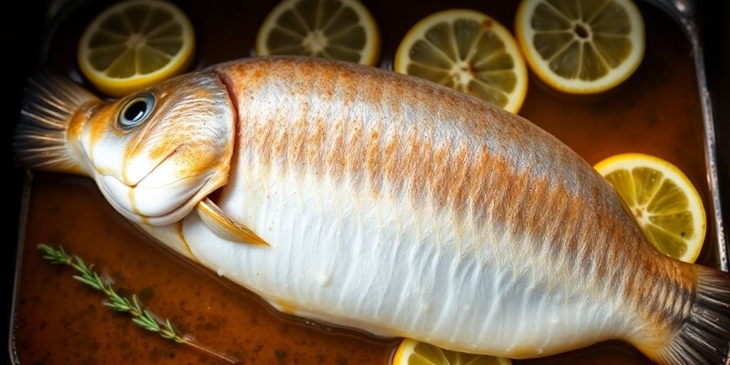 Golden-baked basa fillet with lemon slices.