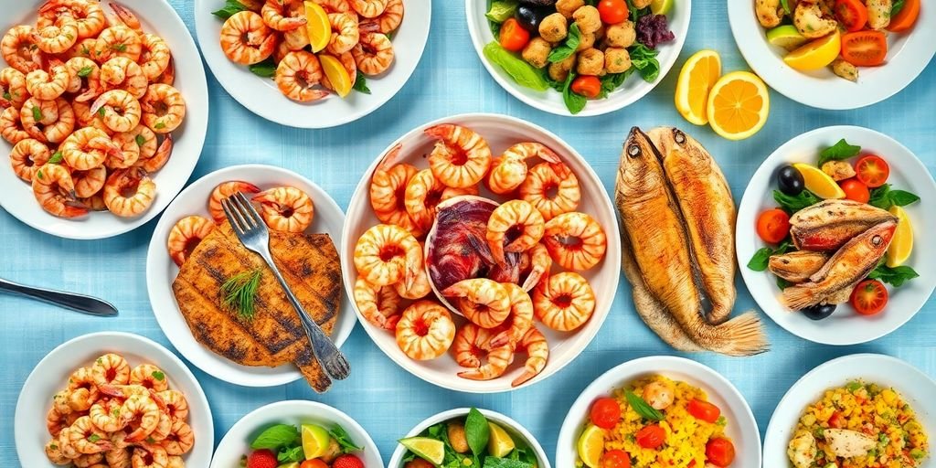 Festive platter of colourful Easter seafood dishes.