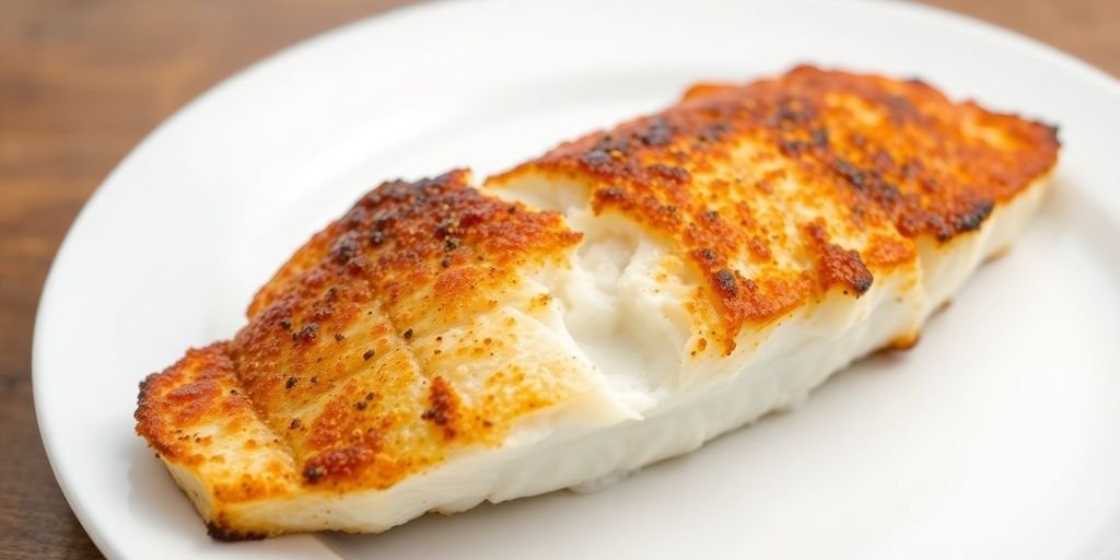 Golden-brown pan-seared jewfish fillet on a plate.